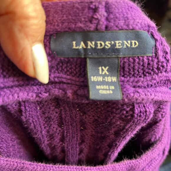 Lands’ End Cable Knit Chunky Purple Swearer 1X Scoop Neck Wrist Length Sleeve - Picture 5 of 5